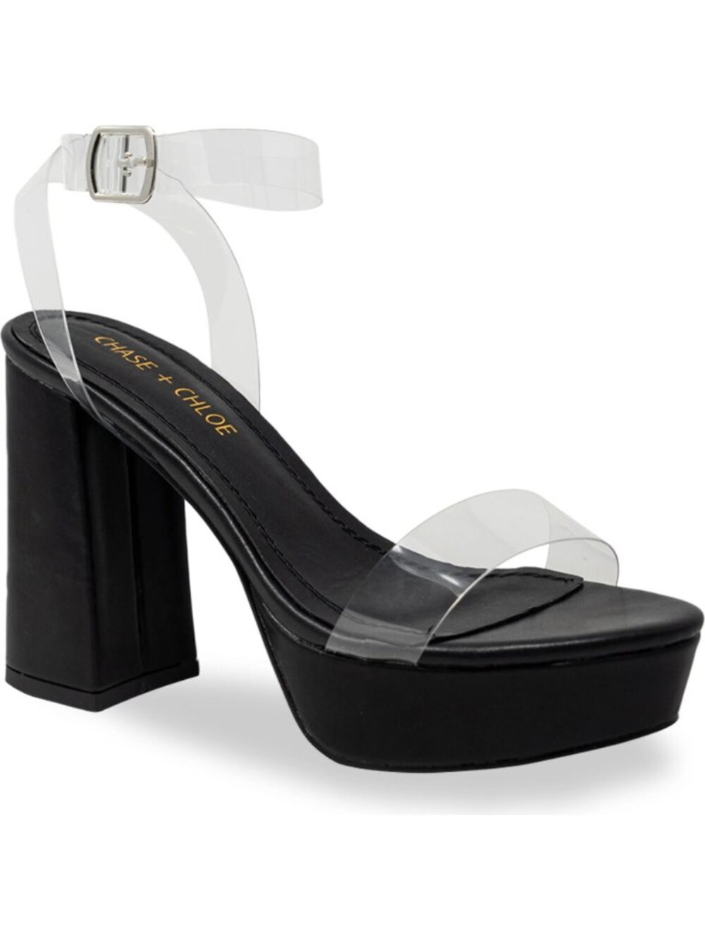 Chase + Chloe Hela Clear Strap Platform Block Heel Sandals Black 9 NWOT Glam